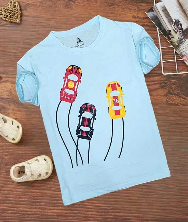 Cotton Printed Round Neck T-Shirt for Kids (Sky Blue, 6-7 Years )