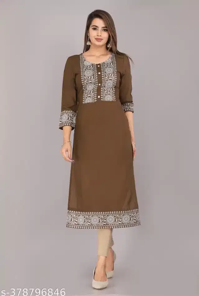 Rayon Solid Kurti for Women (Brown, L)