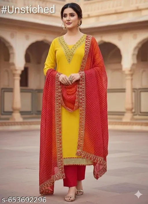 Silk Blend Pakistani Suits for Women (Yellow, 6.45 meter (XL)