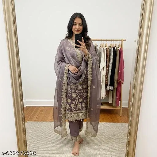 Embroidered Anarkali Suit for Women (Rust, Un Stitched)