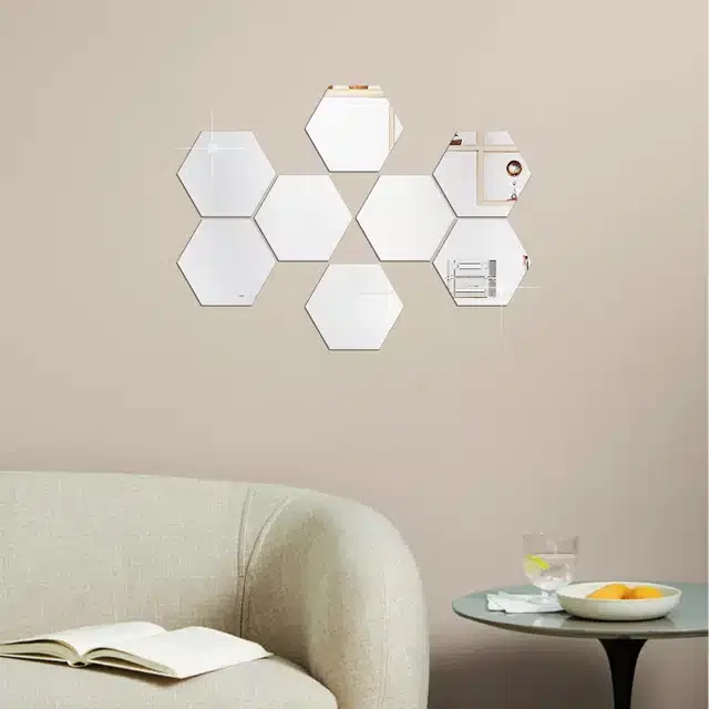 Acrylic Hexagon Shaped Wall Mirror Stickers (Silver, Pack of 8)