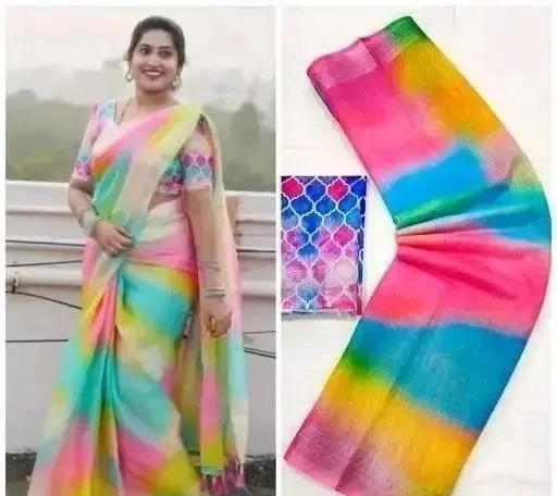 Cotton Linen Printed Saree for Women (Multicolor, 6.3 m)