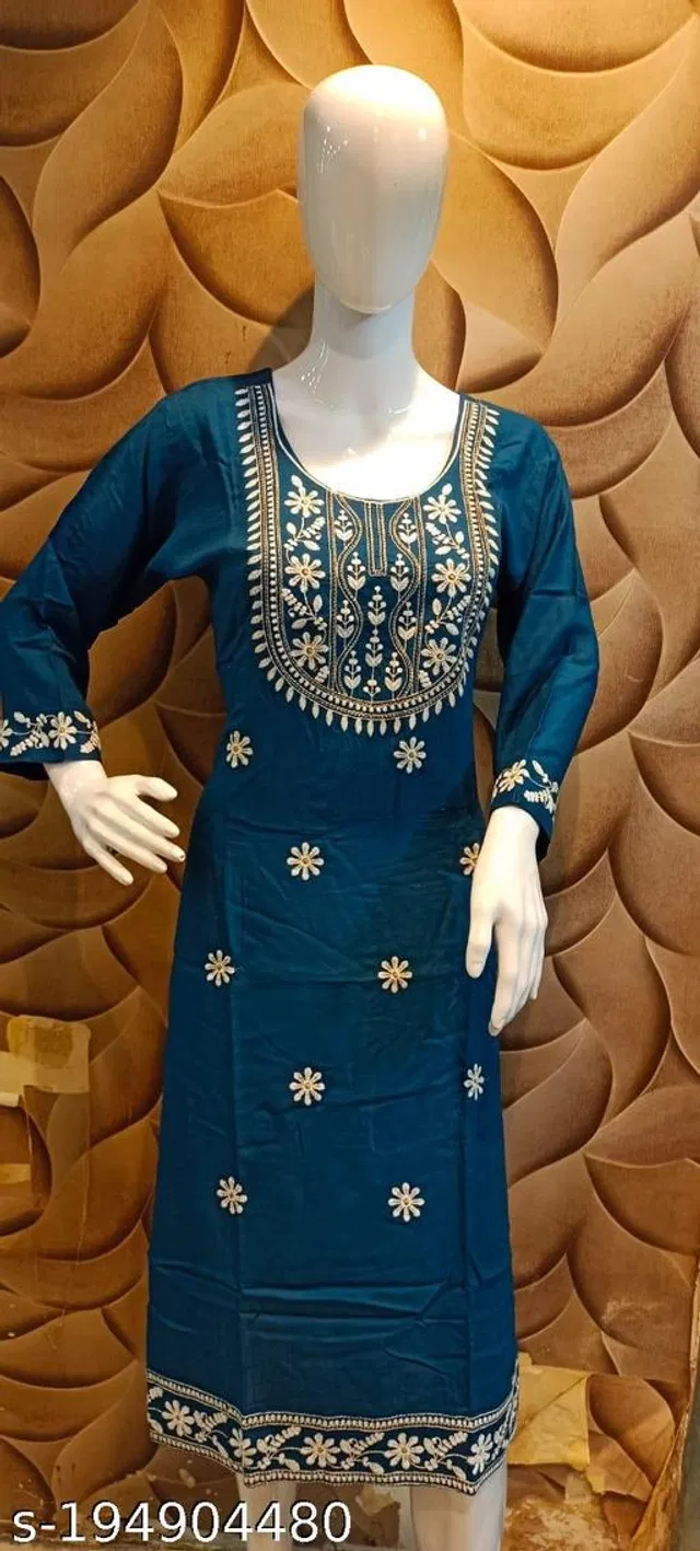 Rayon Slub Embroidered Kurti for Women (Navy Blue, XXXL)