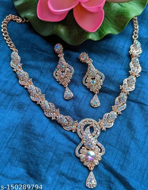 Rose Gold Plated Rainbow Diamond Necklace Set for Women (Multicolor, Free Size)