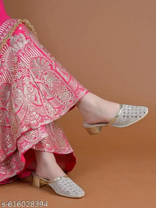 Shoetopia Golden Embellished Heel Sandals (Size IND-7)