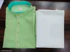 Cotton Solid Kurta Set for Men, White & Green 
