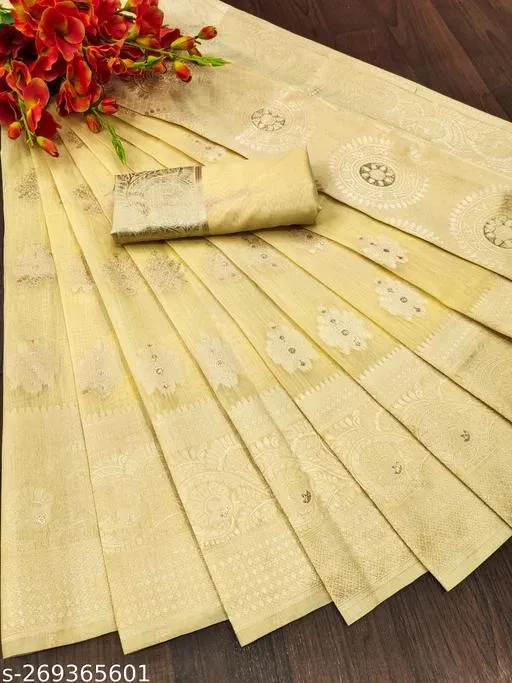 Cotton Linen Zari Woven Saree for Women (Yellow, 6.3 m)