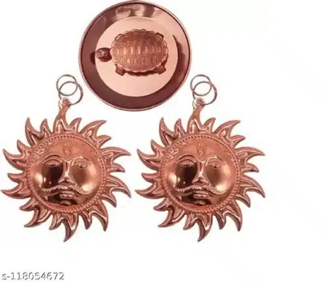 Combo of God Surya Wall Hanging with Turtle Showpieces (Copper, Set of 3)