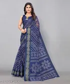 Cotton Silk Printed Saree for Women, Navy Blue 