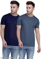 Round Neck Solid T-Shirt for Men (Navy Blue & Grey, S) (Pack of 2)