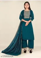Embroidered Vichitra Silk Kurta Set for Women 