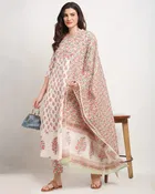 Cambric Cotton Printed Kurta with Pant & Dupatta for Women 