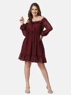 Georgette Polka Dots Dress for Women (Maroon, S)