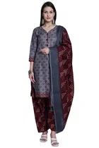 Cotton Blend Floral Kurti with Pant & Dupatta for Women 