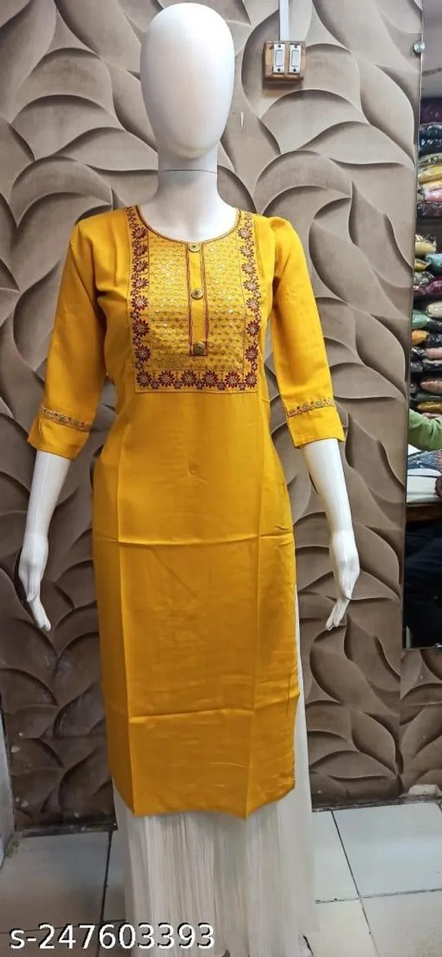 Rayon Slub Printed Kurti for Women (Yellow, M)