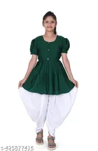 Crepe Solid Kurti with Dhoti for Girls (Green & White, 2-3 Years)