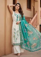 Cotton Silk Embellished Unstitched Suits Fabric for Women, White & Sky Blue