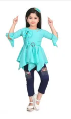 Cotton Blend Solid Cloting Set for Girls (Aqua Blue & Navy Blue, 1-2 Years)