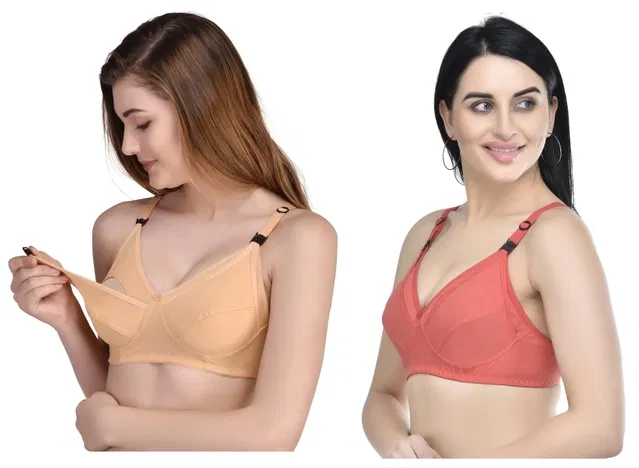 Cotton Blend Solid Non Padded Feeding Bras for Women (Multicolor, 40) (Pack of 2)