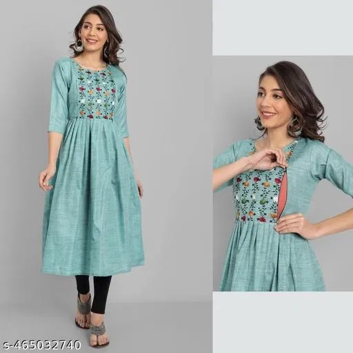 Botanical Embroidered Maternity Kurti (Blue, M)