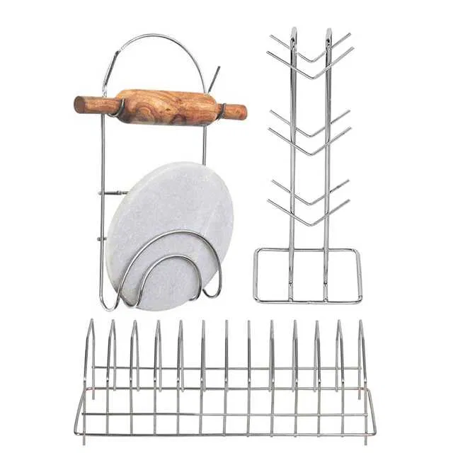 Stainless Steel Cup Stand & Plate Stand & Chakla Belan Stand For Kitchen (Set of 3) (OC-017)