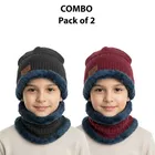 Woolen Solid Cap with Neck Wramer for Kids, Pack of 2, Multicolor