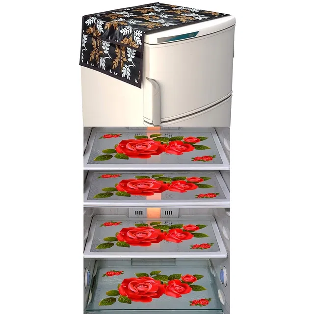 PVC Printed Refrigerator Top Cover & Mats (Multicolor, Set of 5)