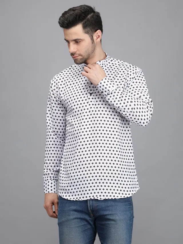 Cotton Blend Printed Kurta for Men (Off-White, L)