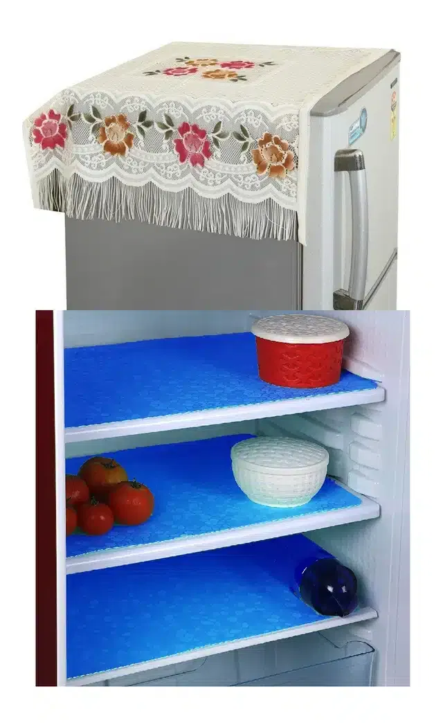 Knit Printed Fridge 6 Pcs Mat with Top Cover (Multicolor, Set of 1)