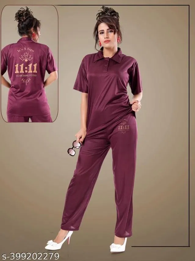Satin Nightsuit for Women (Wine, L)