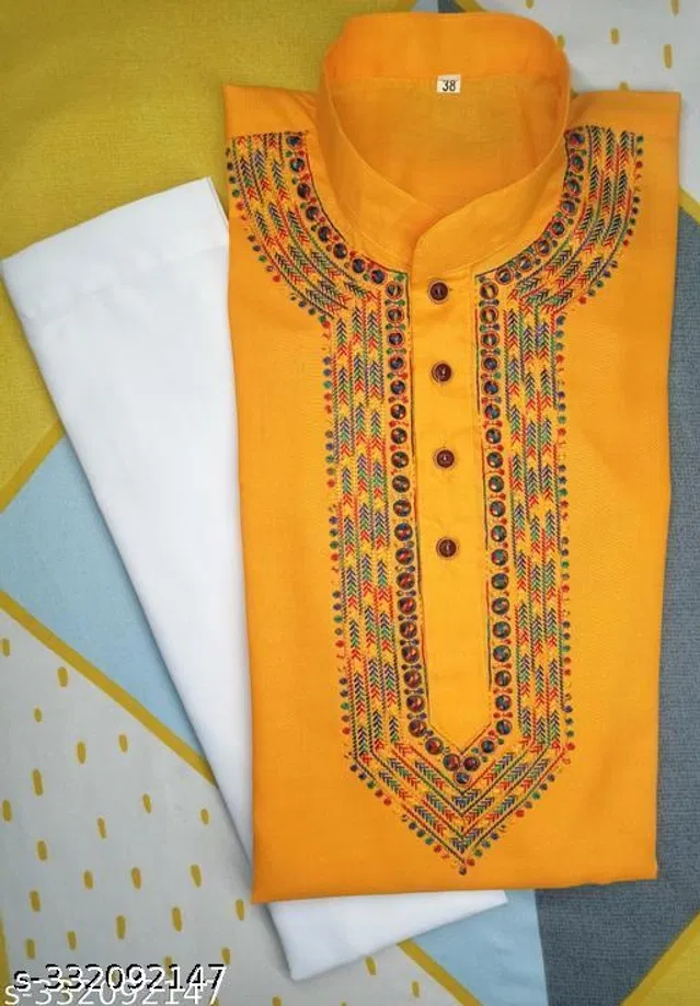 Cotton Embroidered Kurta with Pyjama for Men (Yellow & White, XXXL)