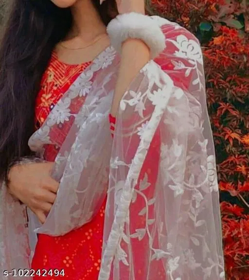 Embroidered Rajasthani Net Sewing & Embroidery (White, Free Size)