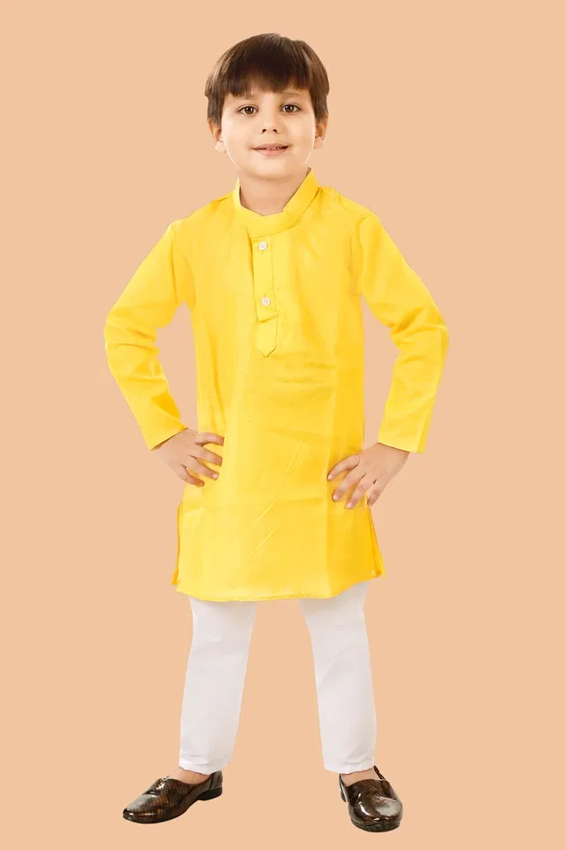 Cotton Blend Solid Kurta with Payjama for Boys, Yellow & White (5-6 Years)