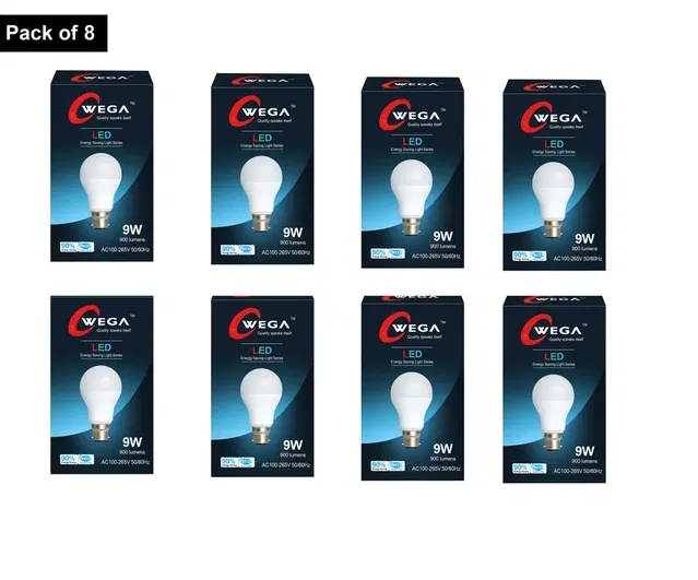 Wega 9 W Standard B22 LED Bulb, Cool White, Pack of 8
