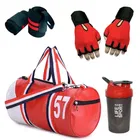 Polyester Printed Gym Bag with Gloves, Wristband & Shaker Bottle 