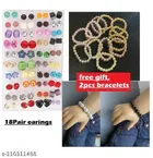 Alloy Stud Earrings (18 Pairs) with 2 Pcs Pearl Bracelet for Girls (Multicolor, Set of 2)