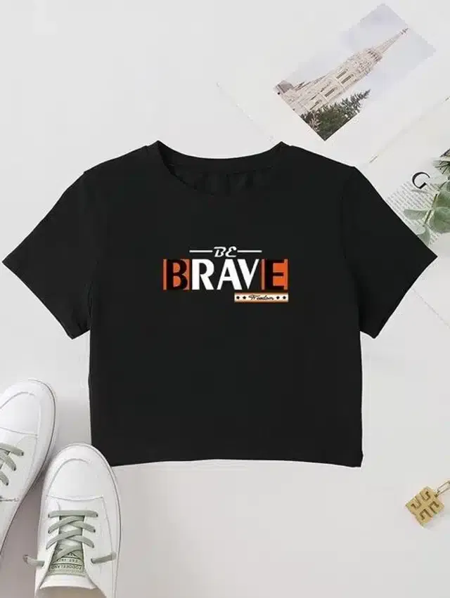 Printed Crop T-shirt for Women (Black, L)