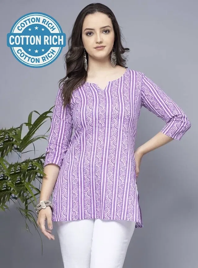 Cotton Striped Short Kurti for Women (Purple, XS)