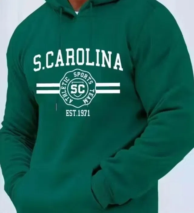 Printed Fleece Hoodie for Men, Dark Green (XXL)