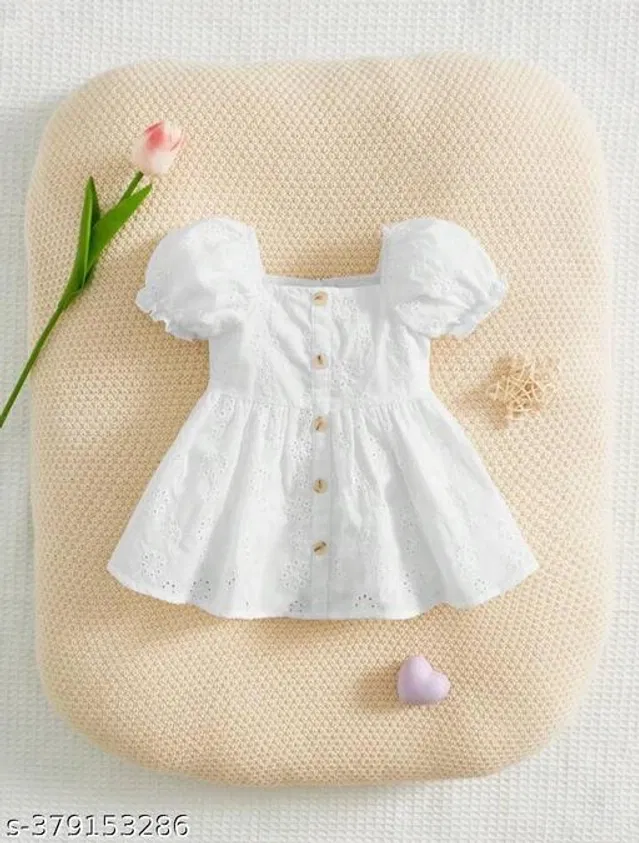 Cotton Frock for Girls (White, 12-18 Months)