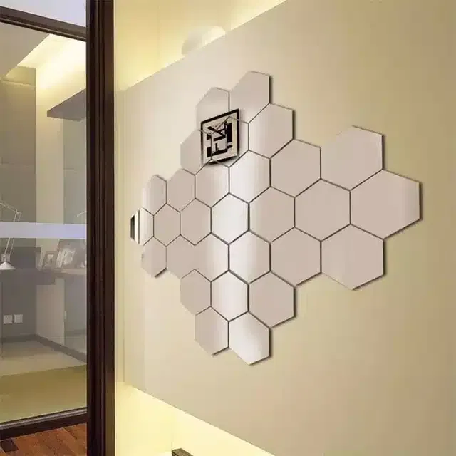Acrylic Hexagon Shaped Wall Mirror Stickers (Silver, Pack of 29)