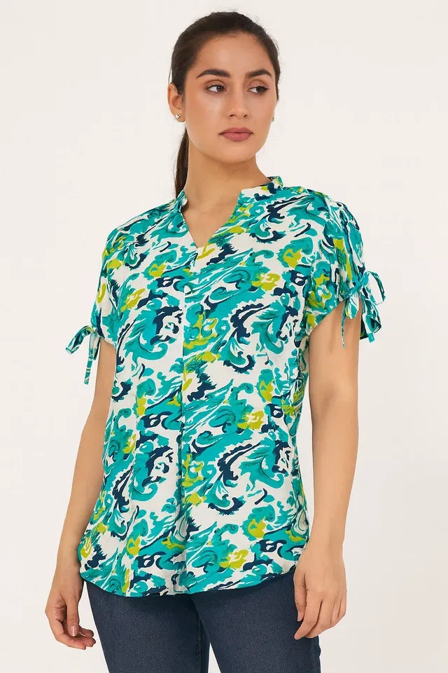 Women's Abstract Print Mandarin Collar Top, S (Teal)