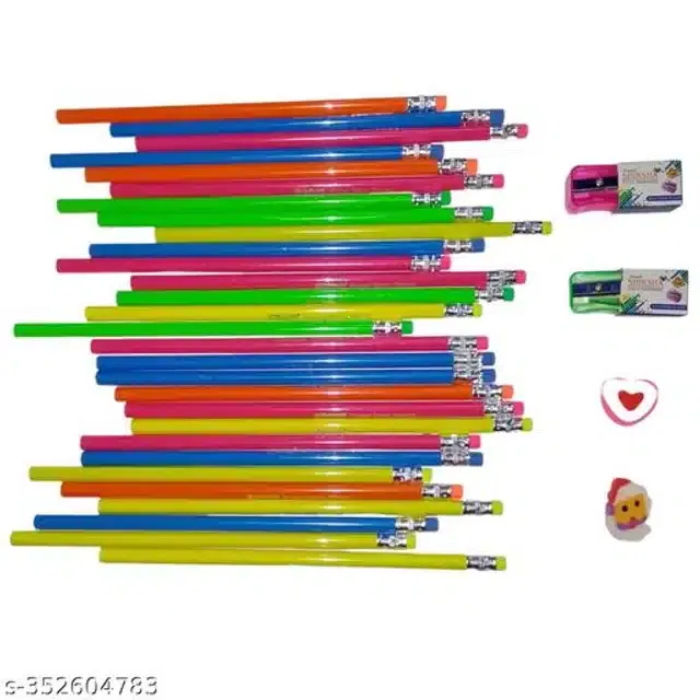 (35 Pcs) Pencil with 2 Pcs Eraser & 2 Pcs Sharpner (Multicolor, Set of 3)