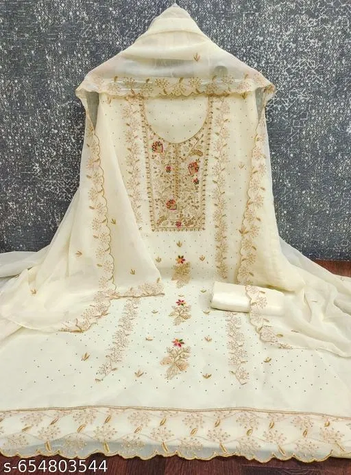 Georgette Punjabi/All Over Suits Semi-Stitched Suits (White, 6.65 meter for Women (XXL)