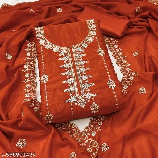 Vichitra Silk Punjabi/All Over Suits (Orange, 6.45 meter for Women (XL)