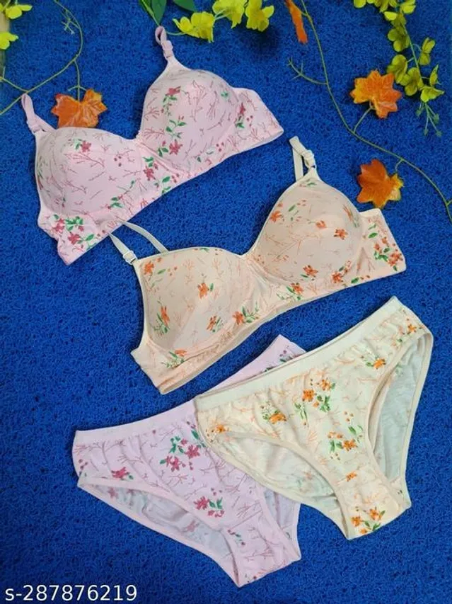 Cotton Blend Printed Lingerie Set for Women (Multicolor, 30A) (Pack of 2)