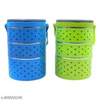 Plastic 3 Layer Lunch Box (Blue & Green, Pack of 2)