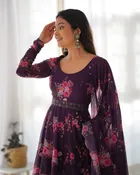 Crepe Printed Gown with Dupatta for Women (Purple, S)