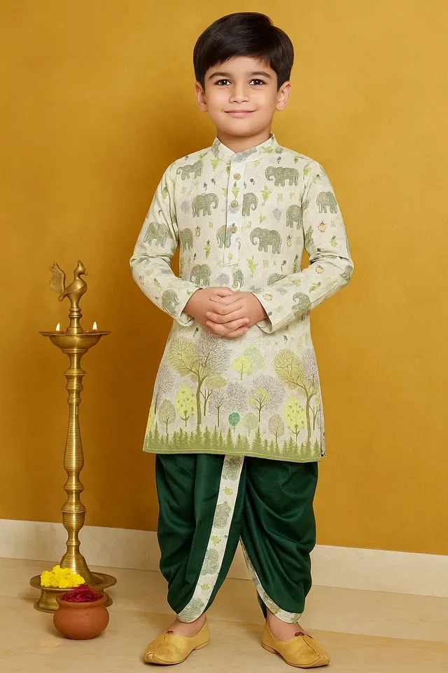 Cotton Blend Printed Kurta with Dhoti for Boys, Green (4-5 Years)