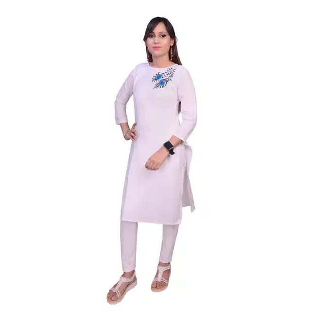 Viscose Rayon Embroidered Kurti for Women (White, L)
